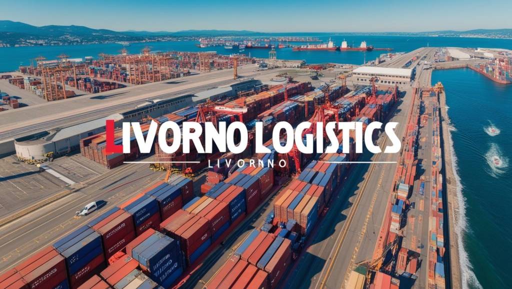 create a bright aereal view of the port of Livorno area. Cinematic image text visible LIVORNO logistics